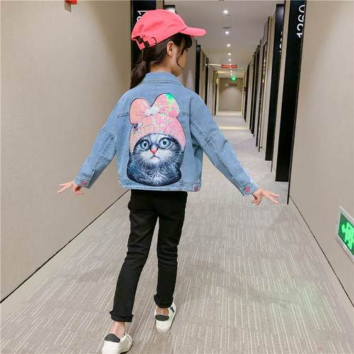 Children's Fall Outerwear, Glitter Cat Denim Jacket for Girls, Medium-Size Trendy and Stylish Denim Jacket for Kids