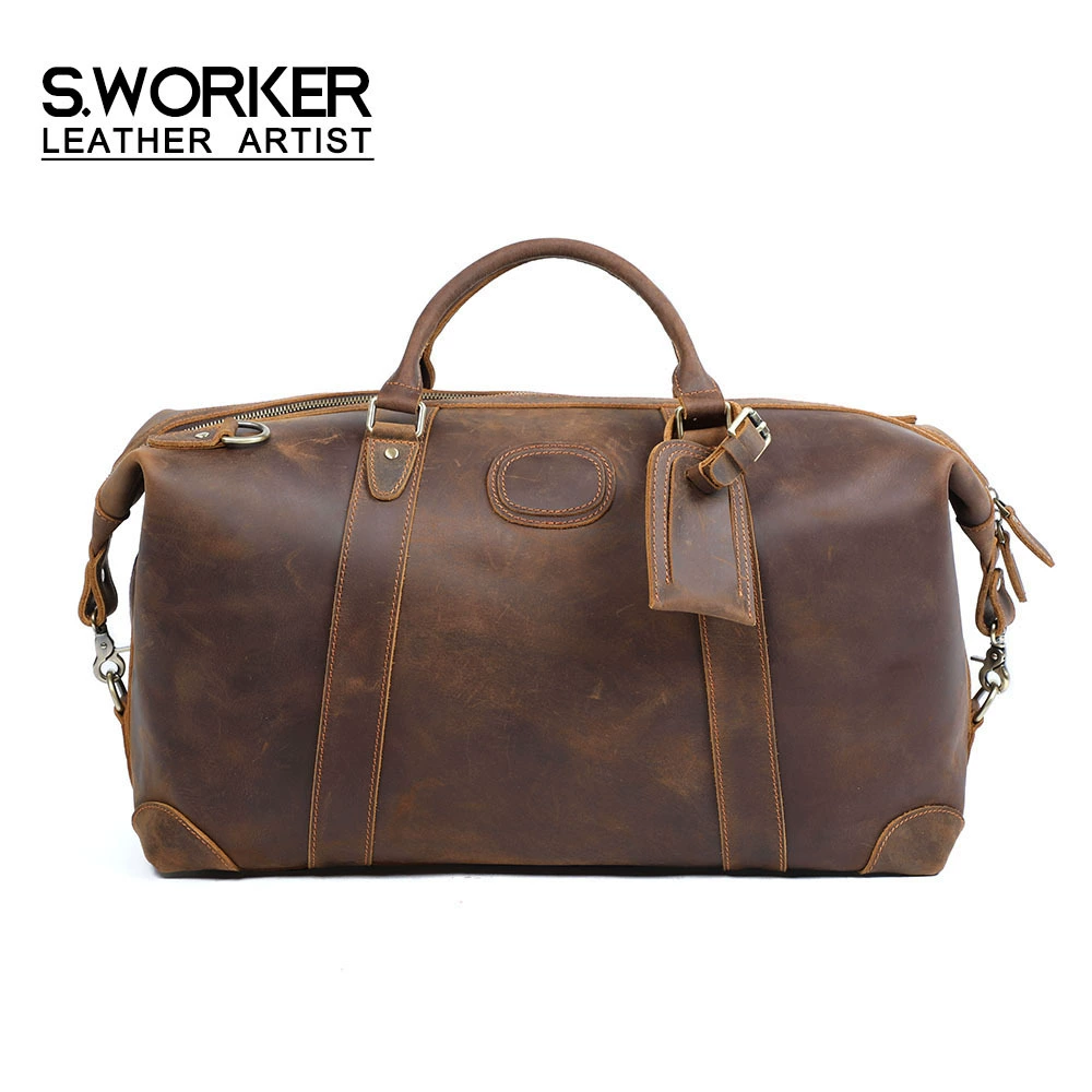 Retro capacious leather travel bag, handheld luggage sports bag, cowhide, genuine leather, for import