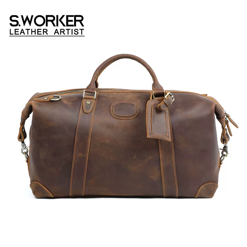 Retro capacious leather travel bag, handheld luggage sports bag, cowhide, genuine leather, for import