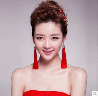 供應新娘紅色流蘇旗袍禮服耳環複古誇張紅色長流蘇耳環耳墜超長款