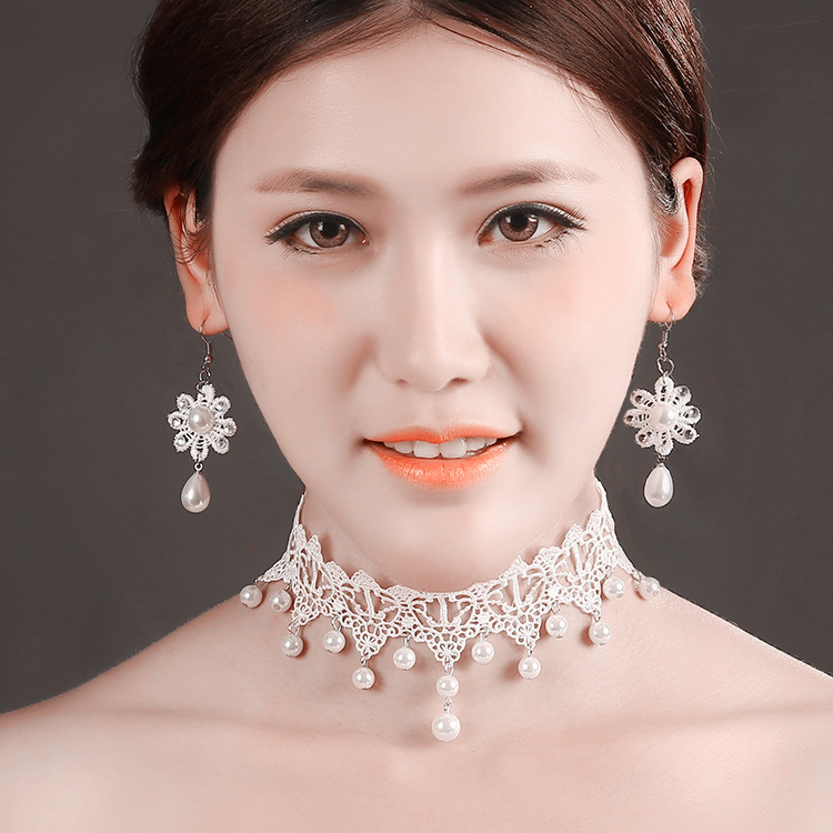 新品韩版新娘配饰白色项饰珍珠手工蕾丝女项链加耳环套装批发T020