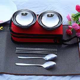 厂家批发不锈钢双人餐具套装 旅游户外野炊便携式双人碗包套装勺