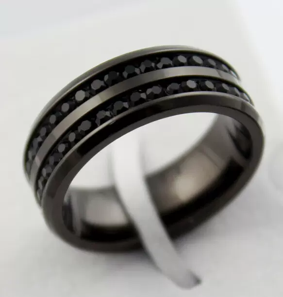 韩国饰品批发 奢华闪耀满钻双排戒指 指环 水晶饰品 女 黑色 钛钢