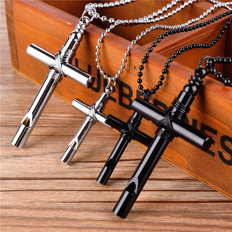 Punk Gothic Rock Kepribadian Mahasiswa Perhiasan Paduan Salib Whistle Kalung Sweater Rantai (Putih/Ukuran: S) -Internasional