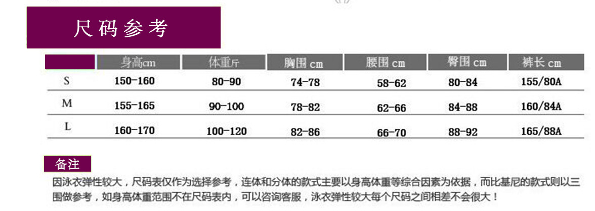 泳衣参考表