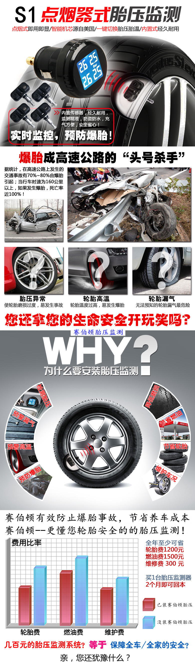 Built-in S3 mini cigarette lighter car wireless tire pressure monitoring system TPMS car temperature voltage tire built-in