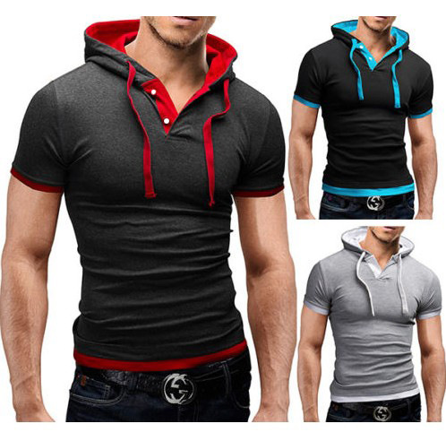 Fast selling men's large hooded short sleeve T-shirt with color blocking men's thin base coat DT08