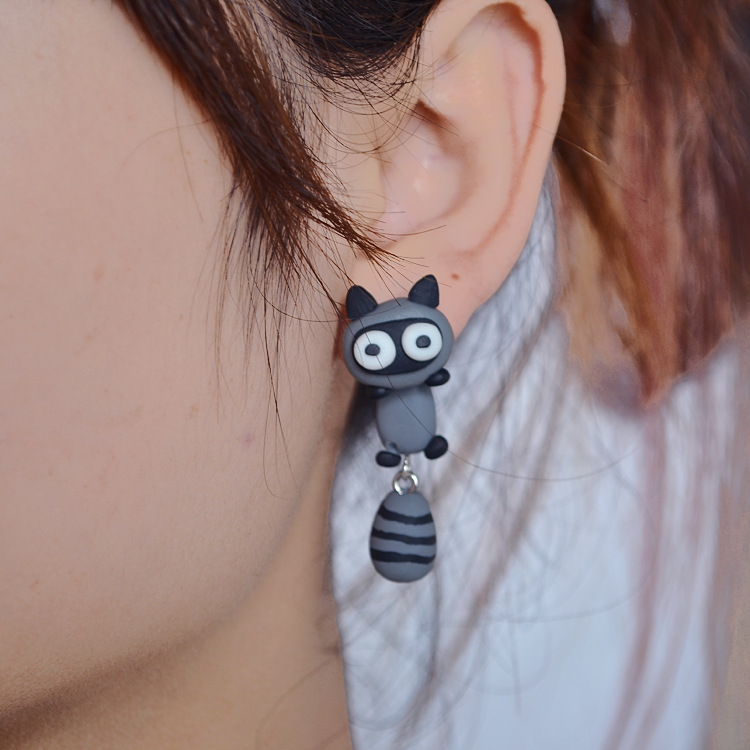 handmade soft ceramic small raccoon earrings cartoon personality split earrings wholesale nihaojewel