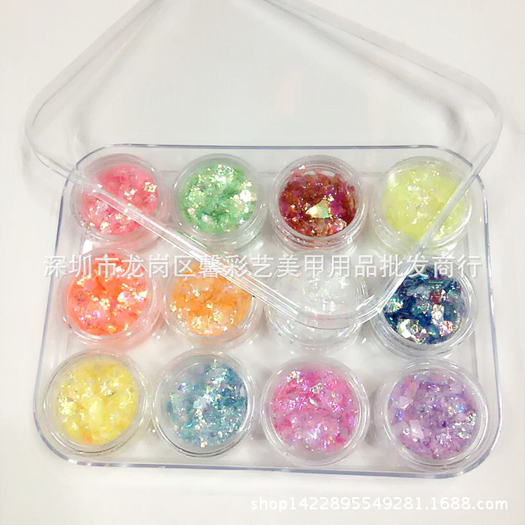 美甲12色贝壳粉套装 光疗水晶甲装饰品 不规则亮片   闪粉贝壳纸