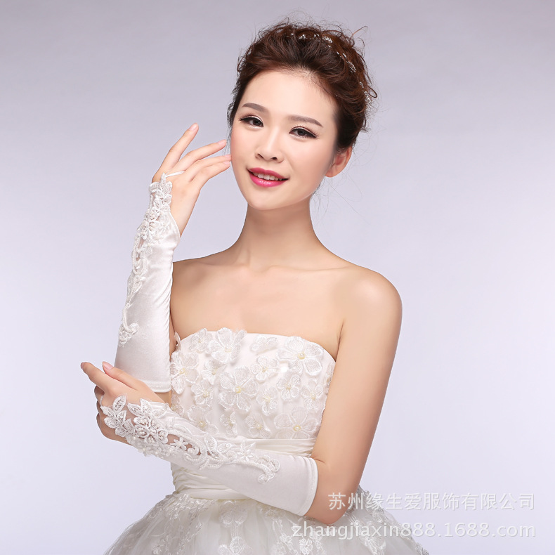 廠家直銷批發 婚紗禮服手套 禮儀演出 新娘花無指緞面白色手套