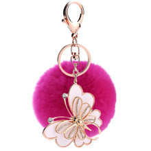 促銷活動小禮品毛球鑰匙扣 蝴蝶鑲鑽金屬鑰匙鏈包包掛件外貿熱銷