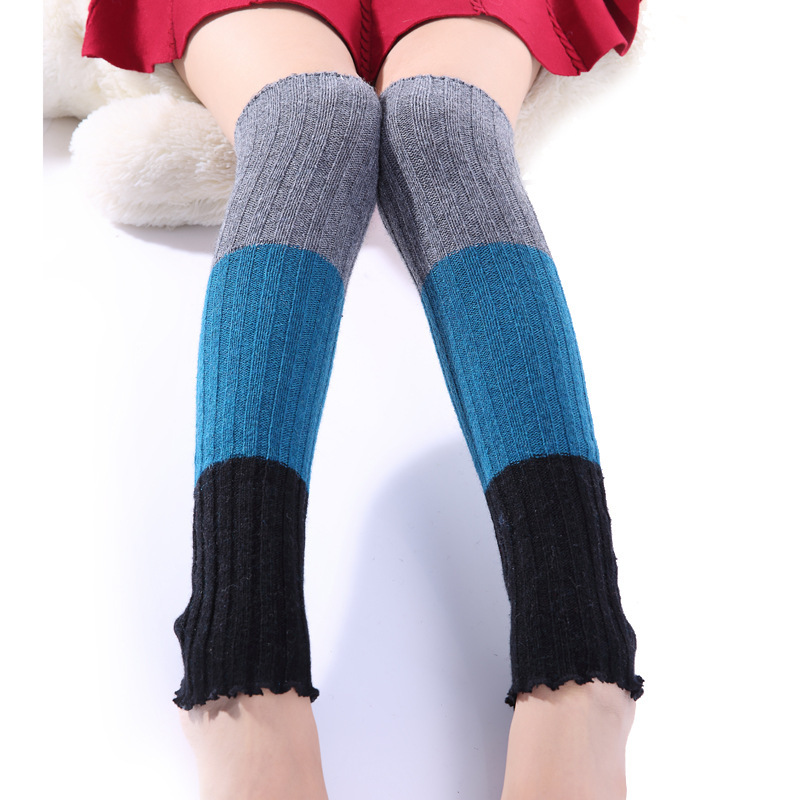 Korean version of autumn and winter wool socks three color stitching cashmere pile boots women's long tube over the knee warm leg cover