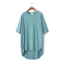 00057 出口女装大版T纯色单口袋开叉宽松前短后长短袖T恤女