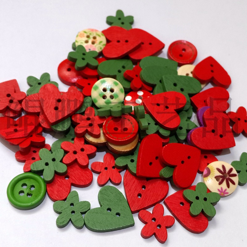 多彩混装圣诞节红绿系列木制纽扣贴画缝纫diy配件幼教品木扣子
