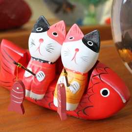 木制情侣小花猫猫咪创意礼物可爱小猫钓鱼装饰工艺品客厅桌面摆件
