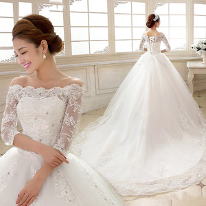 Wholesale bride wedding dress new spring long trailing one word shoulder middle sleeve lace