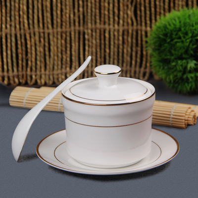 4寸骨瓷炖盅镶金带碟汤盅陶瓷带盖补品汤碗炖罐人参燕窝盅碗|ms