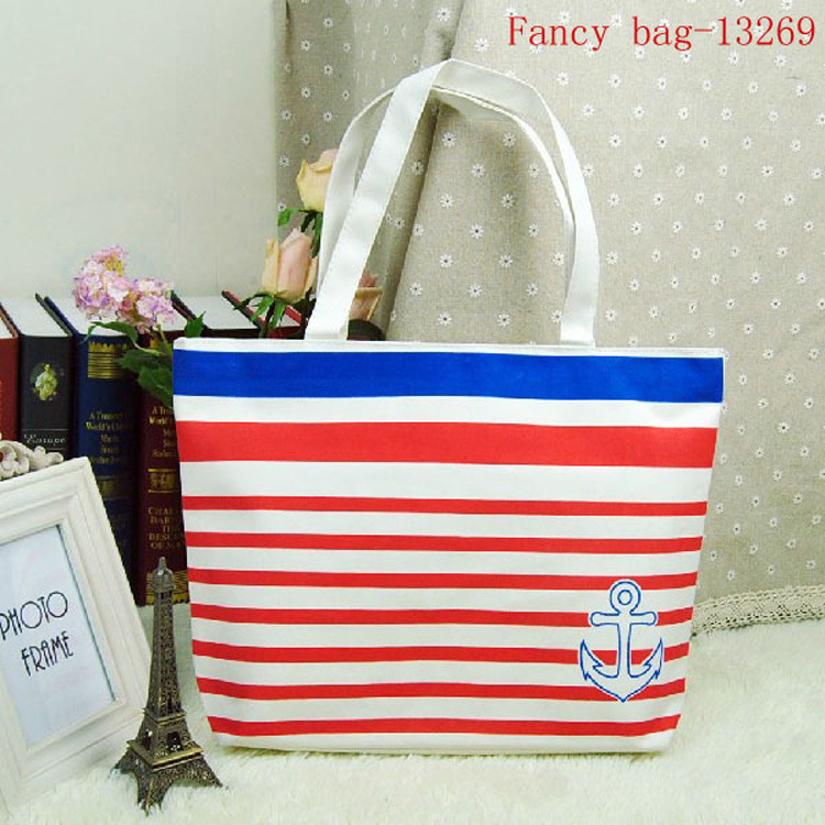 韩版购物单肩包潮大学生手提旅行补习书袋条纹帆布袋