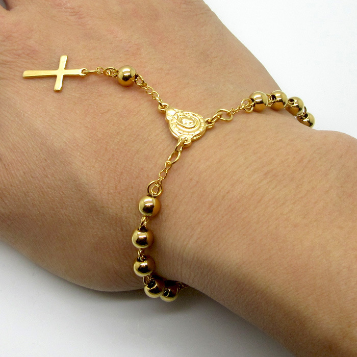 Fashion Style Vacuum Plating Real Gold Plated Cross 304 Stainless Steel Titanium Steel Fashion Waterproof Non Tarnish 304 Stainless Steel Rosary Bracelet