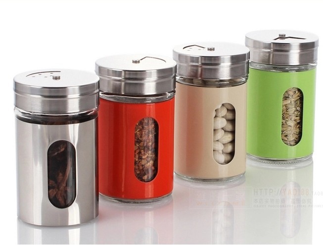 Vidrio condimento botella condimento caja condimento tarro tapa giratoria de acero inoxidable cocina suministros pimentero barbacoa