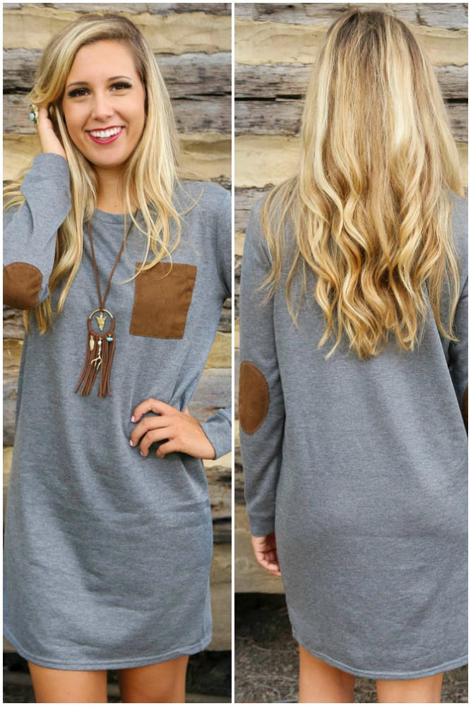 速卖通俄eaby欧美长袖圆领防磨袖宽松大码贴口袋休闲连衣裙8218