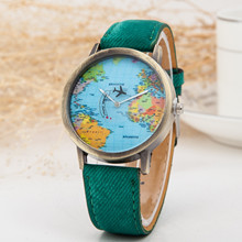 外贸个性飞机秒针 时尚地图图案牛仔带手表 休闲女士手表批发