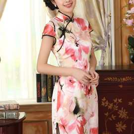 真丝复古经典蚕丝喷绘弹力缎修身双层短旗袍Z0012