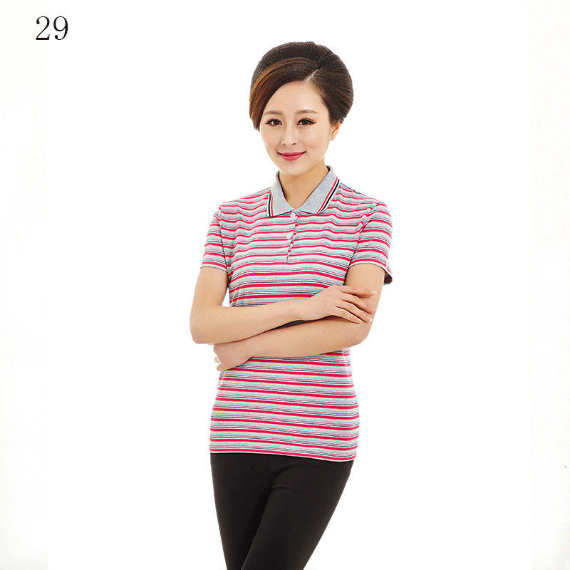 2020夏装新款中老年女装T恤 中年妈妈装透气网棉翻领彩条短袖体恤