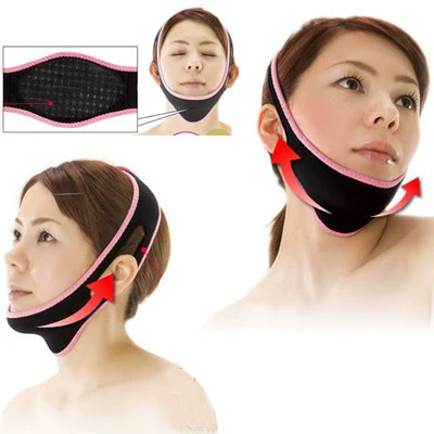 Night mask to create small face, pulls up elastic bandage, removes double chin