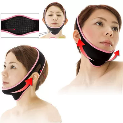 Night mask to create small face, pulls up elastic bandage, removes double chin