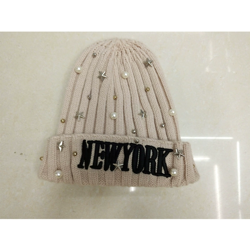 Бисерная игла жемчуг, шерстяная теплая knitted шапка с буквами