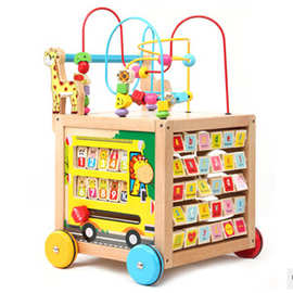 木制玩具 宝宝学步手推多功能四面大绕珠婴儿车 大绕珠