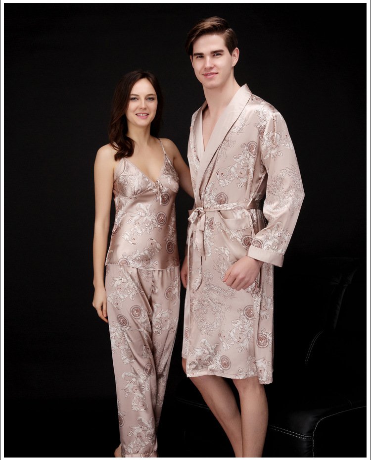 Yaoting Ice Silk Couple Pajamas Women's Summer Three-Piece Set Long Sleeve Men's Robe Bathrobe Loungewear_voghion.com