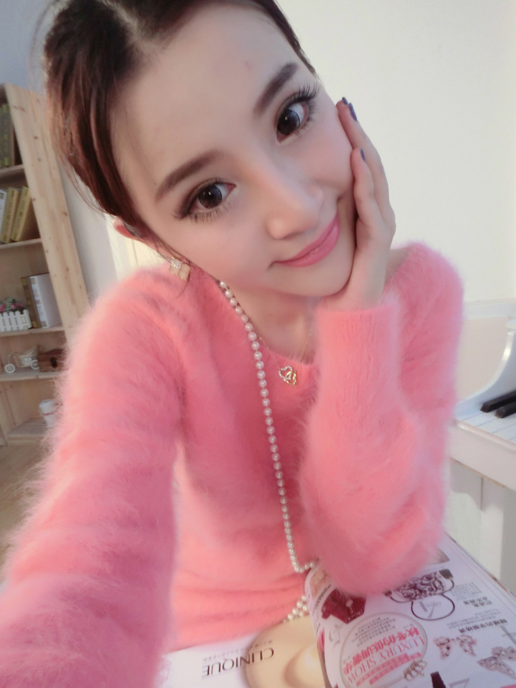 欧洲站长毛水貂绒圆领套头貂绒衫一字领打底衫中长款毛衣 批发|ru