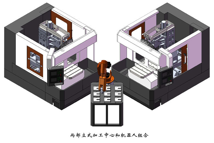 两部立式加工中心和机器人组合