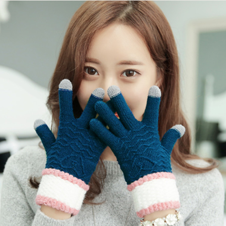 冬季觸屏針織毛線分指頭手套女士韓版加絨加厚保暖可愛學生廠家批
