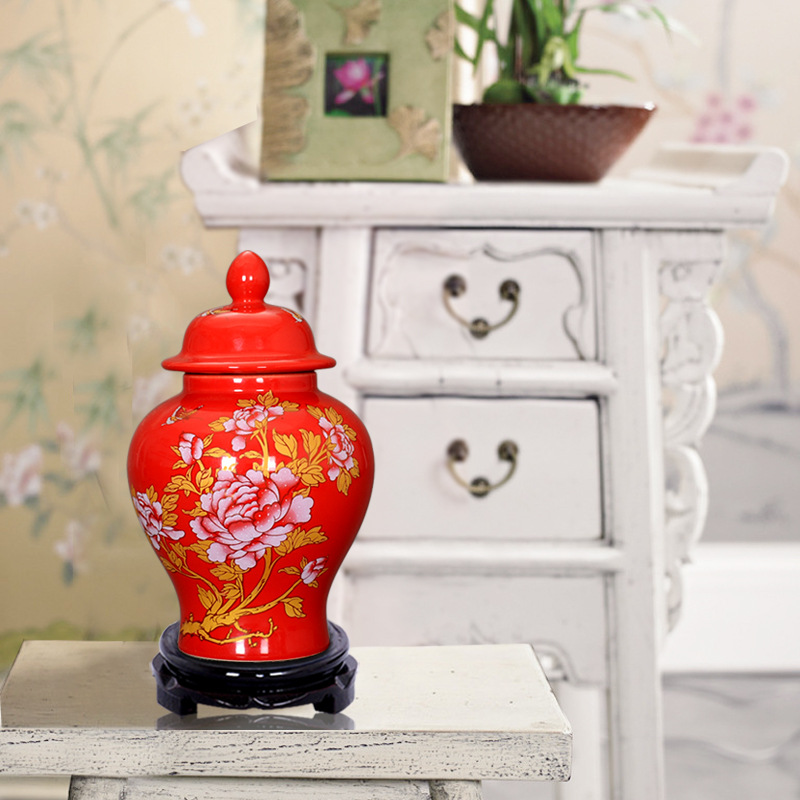 景德镇陶瓷器中国红牡丹花瓶现代客厅装饰工艺品新房家饰时尚摆件|ru