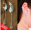 Silver earrings, fashionable long crystal, accessory, no pierced ears, wholesale