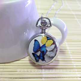供应白钢搪瓷小号怀表 三色蝴蝶陶瓷小号怀表长款项链表学生手表