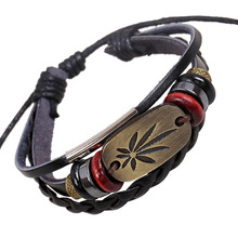 庞克跨境古铜色枫叶真皮串珠手链 义乌饰品批发 工厂直批货源保障