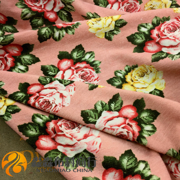 港风服装布料 虾粉色牡丹碎花印花朵弹力针织 包臀裙子打底衫面料