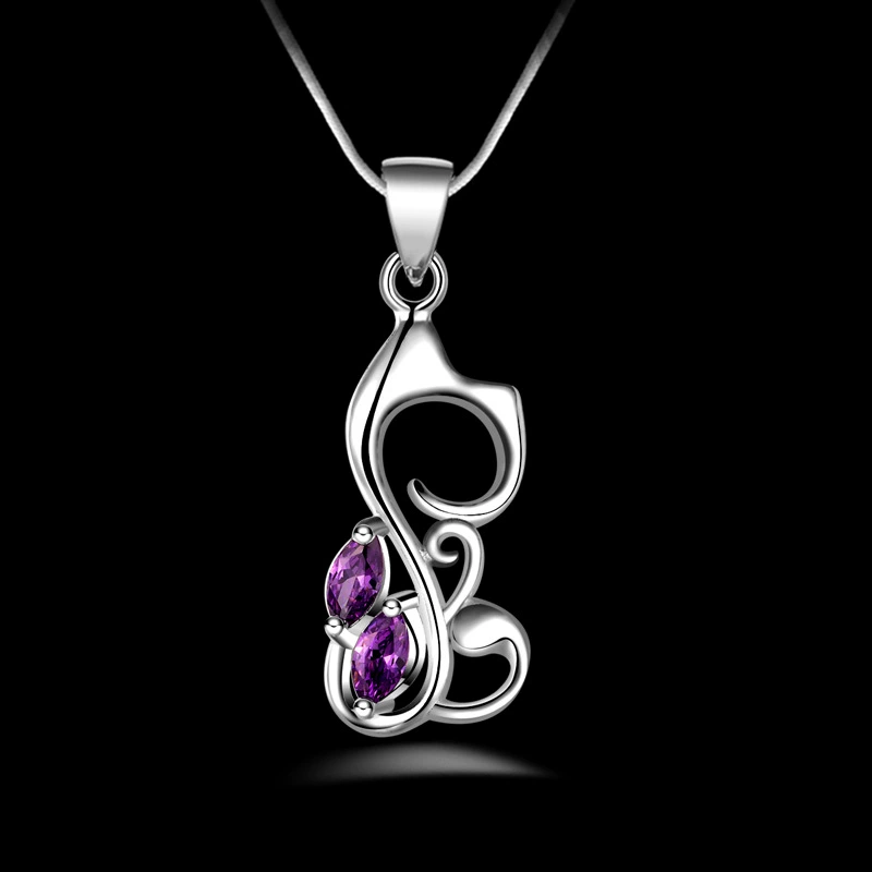 Серебряное plated? Wait 'Ins silver plated super flash amethyst cat necklace wholesale hibiscus stone jewelry clavicle chain pendant'