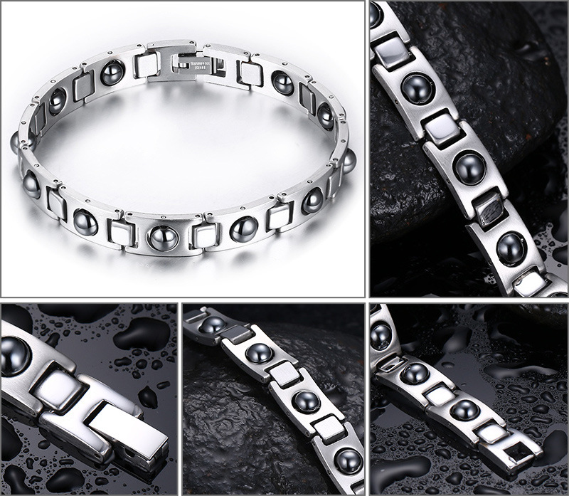 2020 Mens Energy Silver Stainless Steel Silver Hematite Therapy Power Bracelet Health
