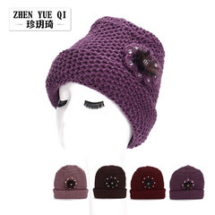 Winter New Knitted Hat for Grandma, Warm Winter Woolen Hat for Mother-in-Law with Rabbit Hair Crystal Flower Design for Women