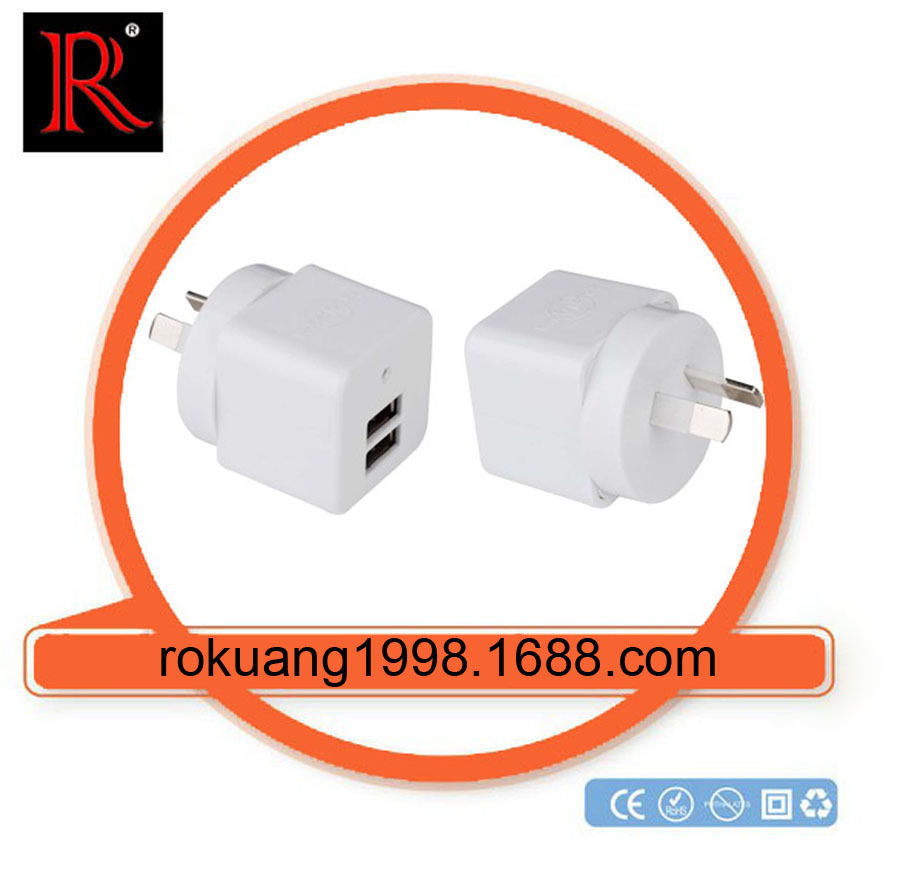 RK2U-5 双USB旅游充 澳规两扁插头 带指示灯 苹果插头 八字脚