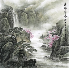 32-137国画 字画 山水画 万物皆春 斗方小品 高仿真画芯厂家批发