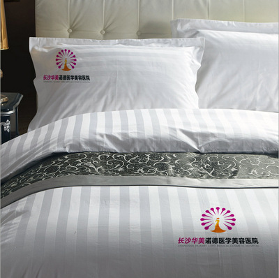 宾馆酒店床上用品批发医院会所定制印LOGO商标涤棉缎条加密四件套|ru