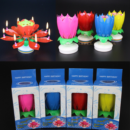Carefully selected candles, lotus spinning music, crafts ins blossom birthday cake flat bottom electronic lotus wax
