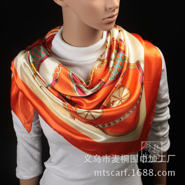 Royal Blue, White, Purple, Red, Green, Blue, Yellow, Black Color Silk Chain Carriage Oil Painting Flowers Ladies 90cm Square Scarf