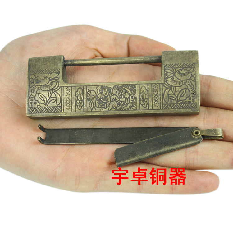 宇卓铜器  纯铜锁 黄铜中式仿古锁 横开锁 插销锁 铜工艺品摆件